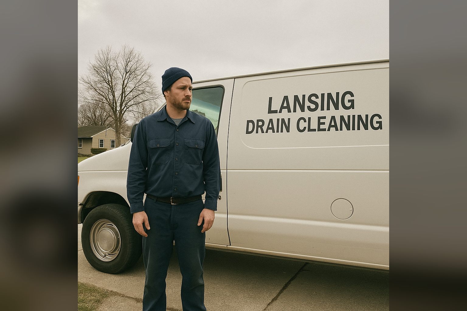 Licensed drain cleaning professional in Lansing, MI — local contractor with worn work clothes beside a service van